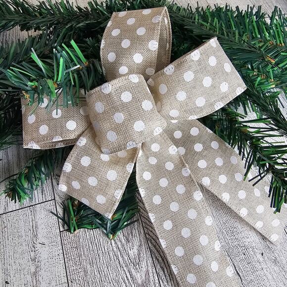 Christmas Tree Bows, Set of 6 Beige Polka Dot Bows, Holiday Bows, Christmas Bows - Picture 2 of 8